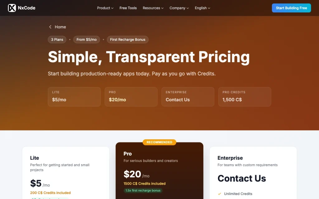 NxCode pricing page with plans and prices — screenshot of the coding AI tool, Oct 1, 2026