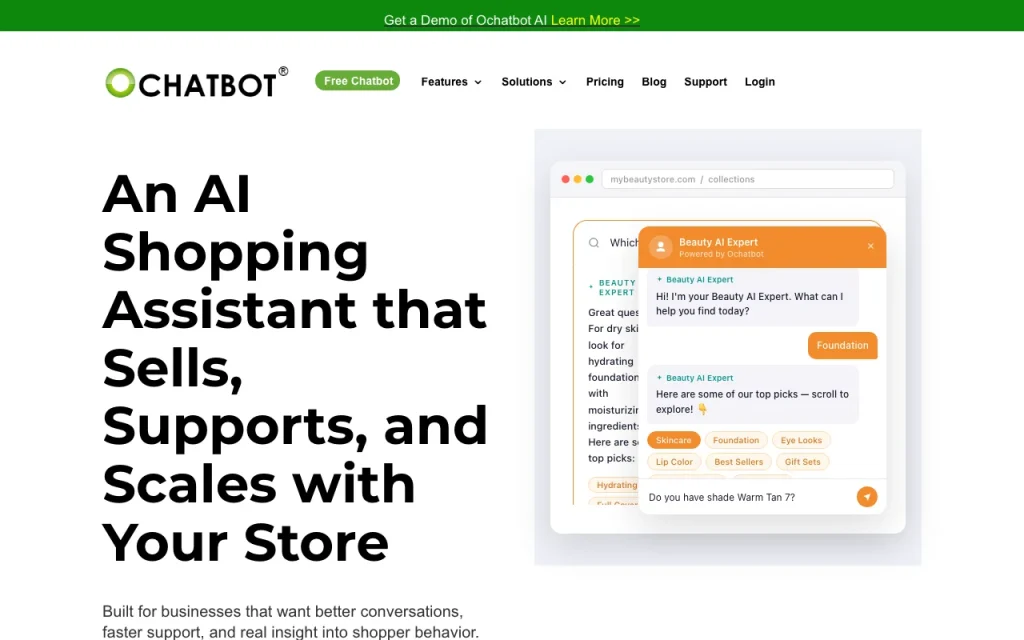 Captura de la página de inicio de Ochatbot, herramienta de IA productividad y escritura