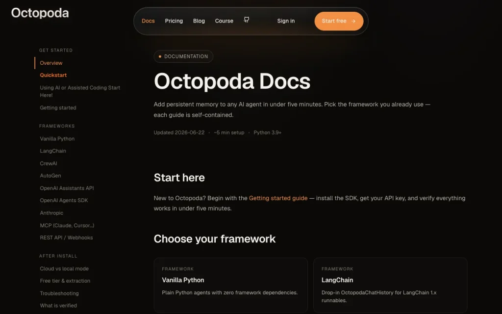 Octopoda documentación — captura de pantalla de la herramienta de IA programación, Oct 1, 2026