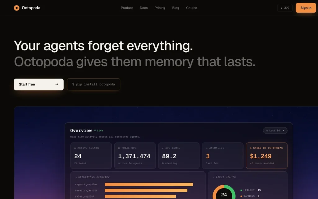 Octopoda homepage — screenshot of the coding AI tool, Oct 1, 2026