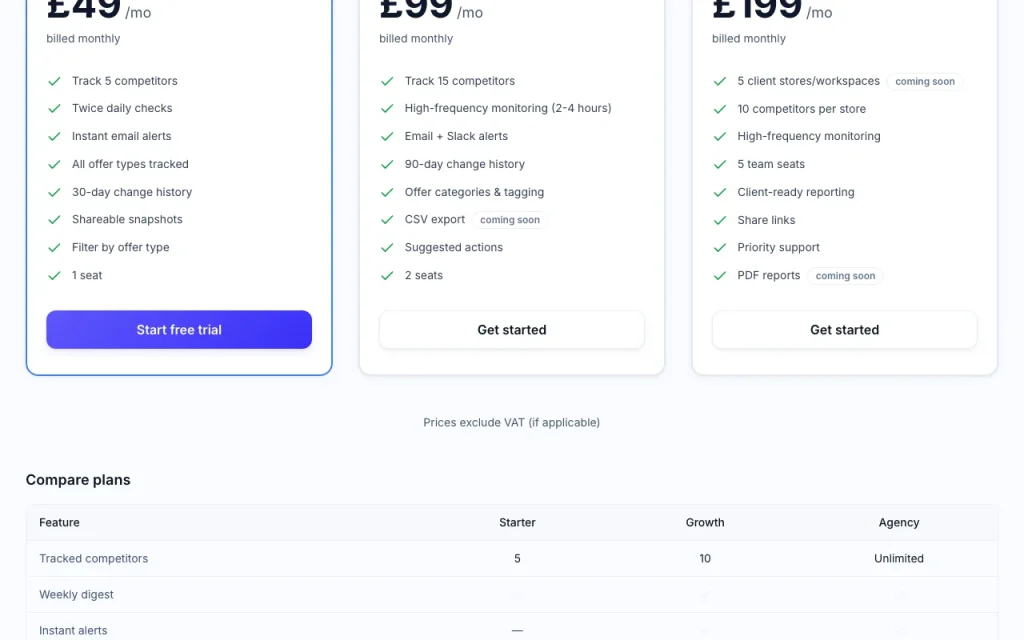 OfferPulse página de precios con planes y precios — captura de pantalla de la herramienta de IA productividad y escritura, Oct 1, 2026