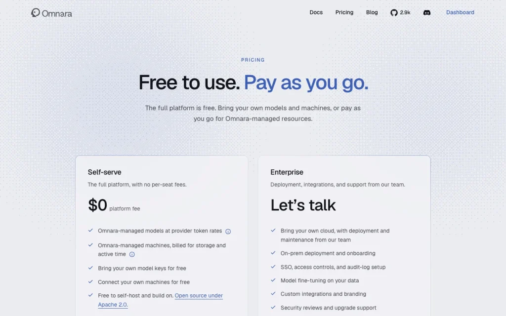 Omnara pricing page with plans and prices — screenshot of the coding AI tool, Oct 2, 2026