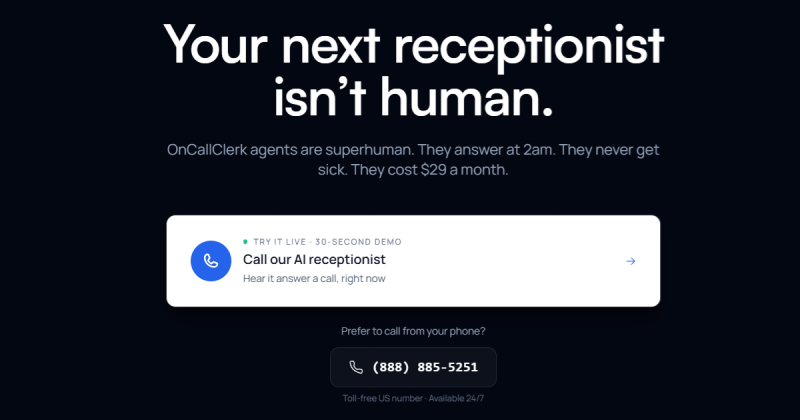 OnCallClerk homepage screenshot, audio & voice AI tool