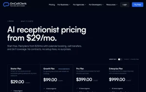 OnCallClerk pricing page homepage screenshot, audio & voice AI tool