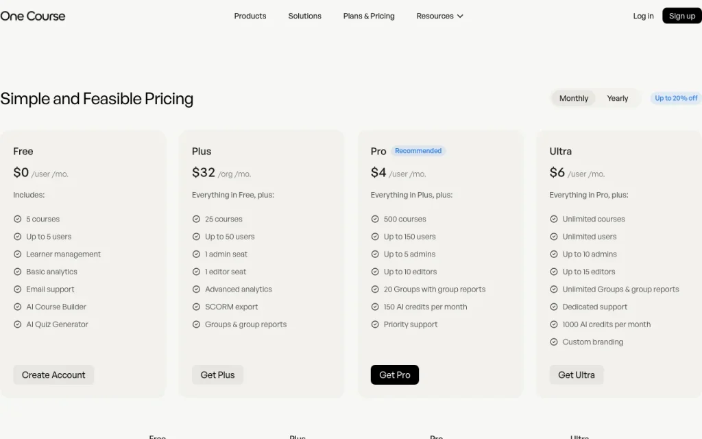 One Course página de precios con planes y precios — captura de pantalla de la herramienta de IA productividad y escritura, Oct 2, 2026