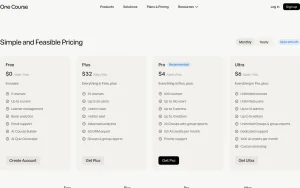 One Course pricing page with plans and prices — screenshot of the productivity & writing AI tool, 2026-10-02