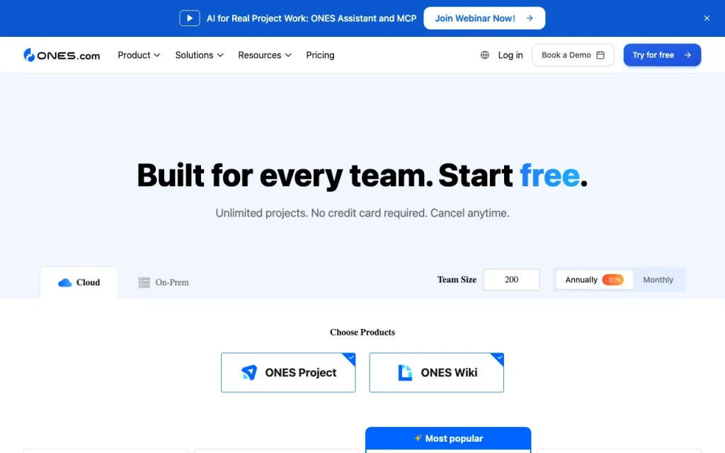 ONES.com page de tarifs avec offres et prix — capture d'écran de l'outil d'IA productivité et rédaction, Oct 1, 2026
