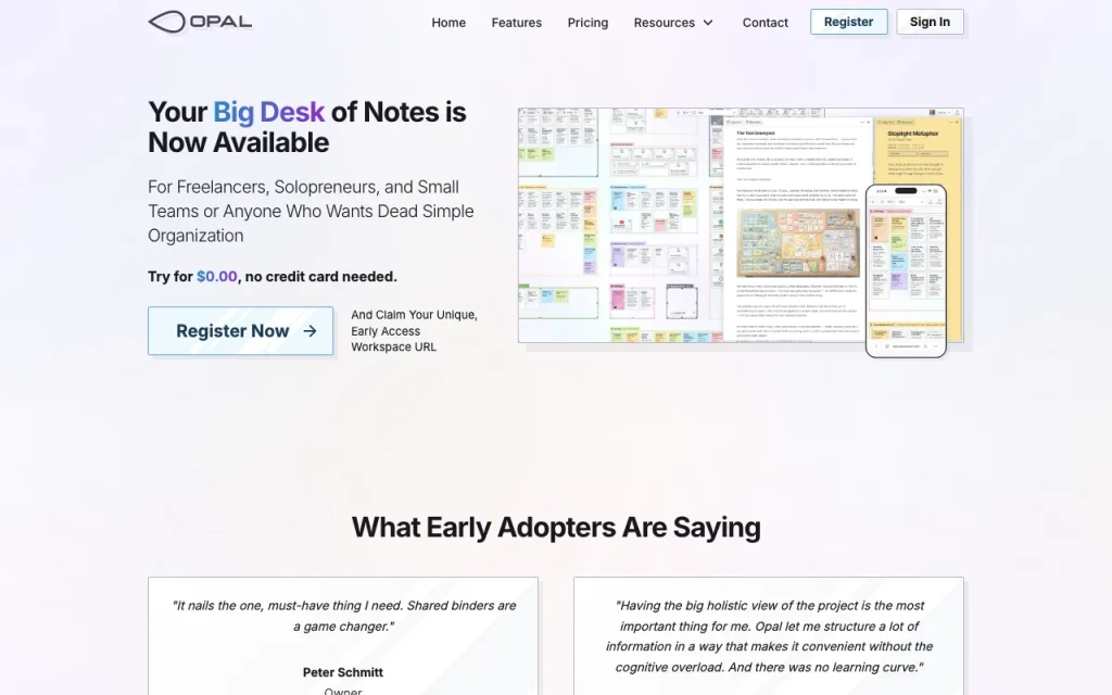 Opal (spatial notes) página principal — captura de pantalla de la herramienta de IA productividad y escritura, Oct 1, 2026
