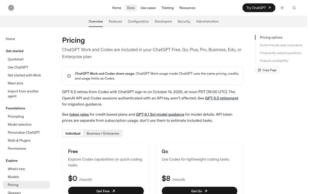 OpenAI Codex pricing page with plans and prices — screenshot of the coding AI tool, Oct 28, 2026