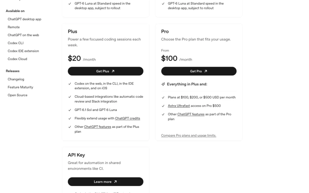OpenAI Codex page de tarifs avec offres et prix — capture d'écran de l'outil d'IA programmation, Oct 2, 2026