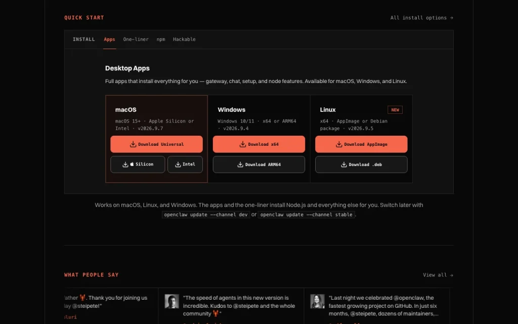 OpenClaw homepage — screenshot of the chat assistants AI tool, Oct 2, 2026