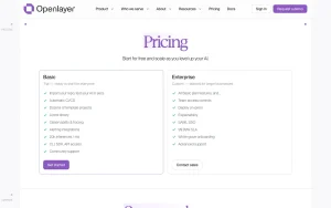 Openlayer pricing page with plans and prices — screenshot of the coding AI tool, 2026-10-02