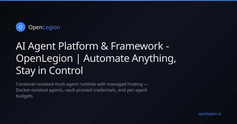OpenLegion homepage screenshot, productivity & writing AI tool