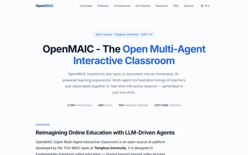OpenMAIC homepage screenshot, productivity & writing AI tool