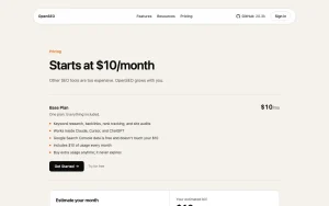 OpenSEO pricing page with plans and prices — screenshot of the research & search AI tool, 2026-10-01