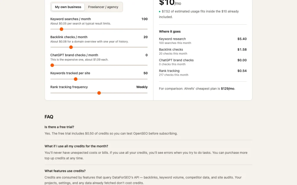 OpenSEO pricing page with plans and prices — screenshot of the research & search AI tool, Oct 1, 2026