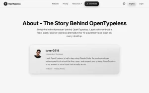 OpenTypeless about page — screenshot of the productivity & writing AI tool, 2026-10-01