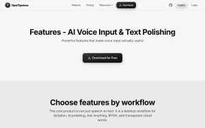 OpenTypeless features page — screenshot of the productivity & writing AI tool, 2026-10-01