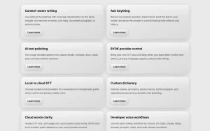 OpenTypeless features page — screenshot of the productivity & writing AI tool, 2026-10-01