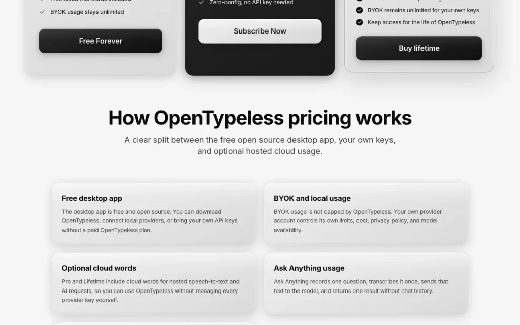 OpenTypeless pricing page with plans and prices — screenshot of the productivity & writing AI tool, Oct 1, 2026