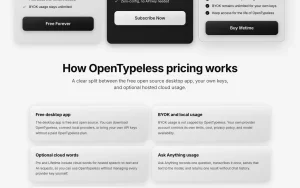 OpenTypeless pricing page with plans and prices — screenshot of the productivity & writing AI tool, 2026-10-01