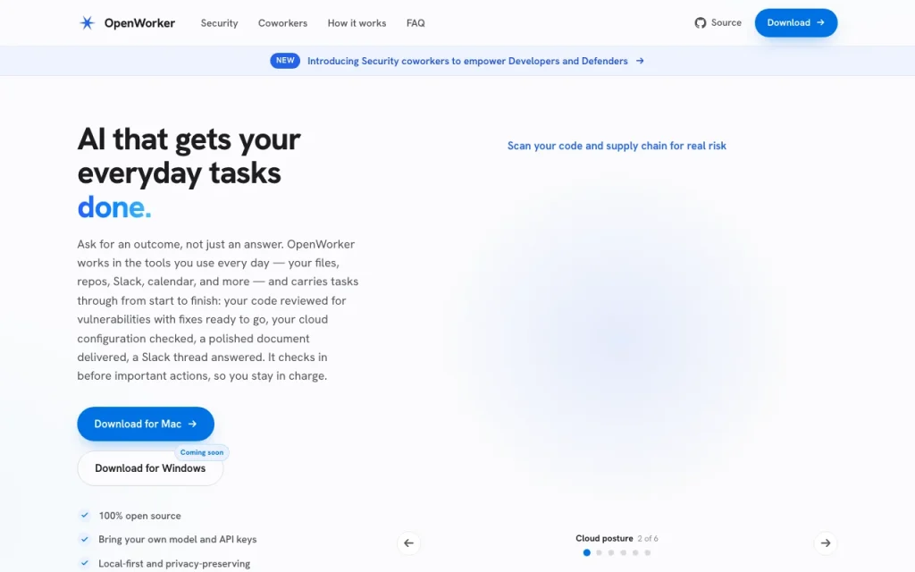 OpenWorker Startseite, Screenshot, KI-Tool produktivität & schreiben