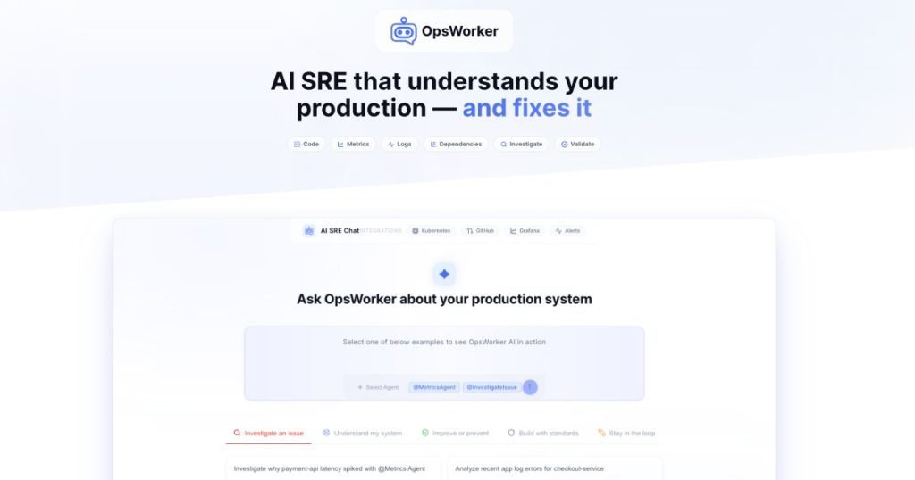 OpsWorker homepage screenshot, coding AI tool