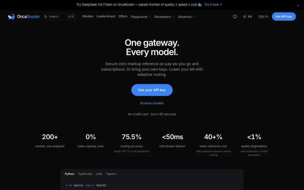 OrcaRouter homepage — screenshot of the coding AI tool, Oct 1, 2026