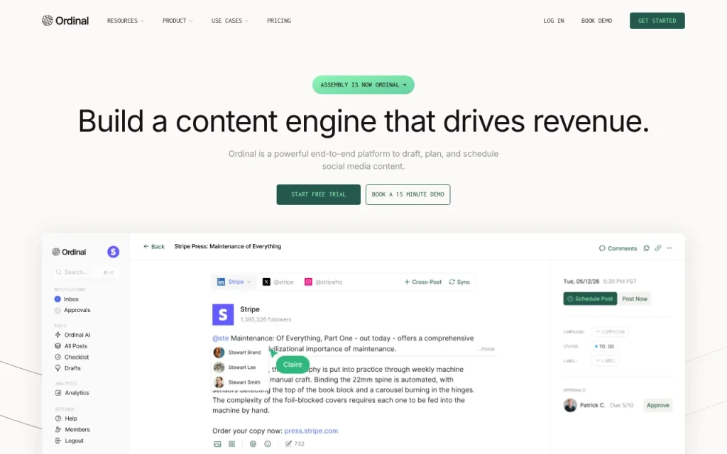 Ordinal (formerly Assembly) homepage — screenshot of the productivity & writing AI tool, Oct 2, 2026