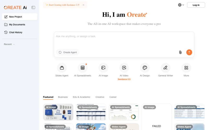 Oreate AI captura de tela da página inicial, ferramenta de IA produtividade & escrita