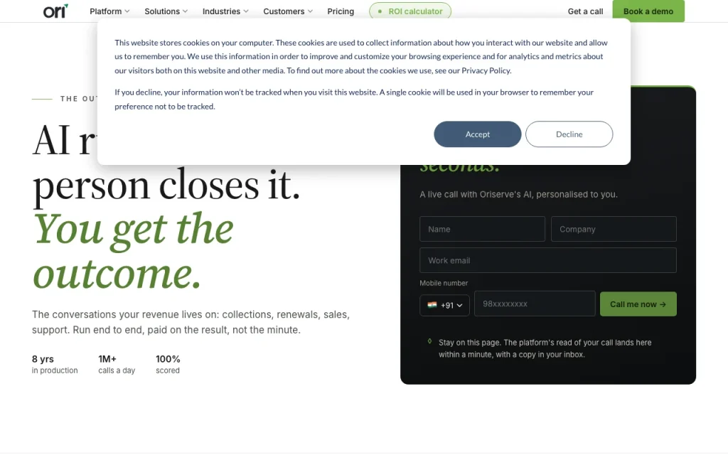 Oriserve homepage screenshot, audio & voice AI tool
