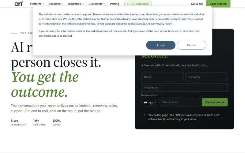 Oriserve homepage screenshot, audio & voice AI tool