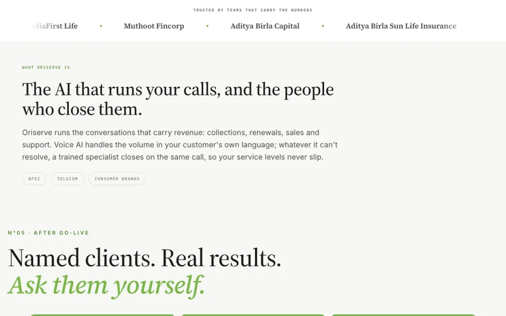 Oriserve homepage — screenshot of the audio & voice AI tool, Oct 2, 2026
