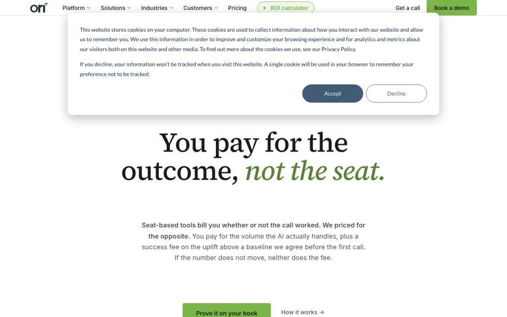 Oriserve pricing page with plans and prices — screenshot of the audio & voice AI tool, Oct 2, 2026