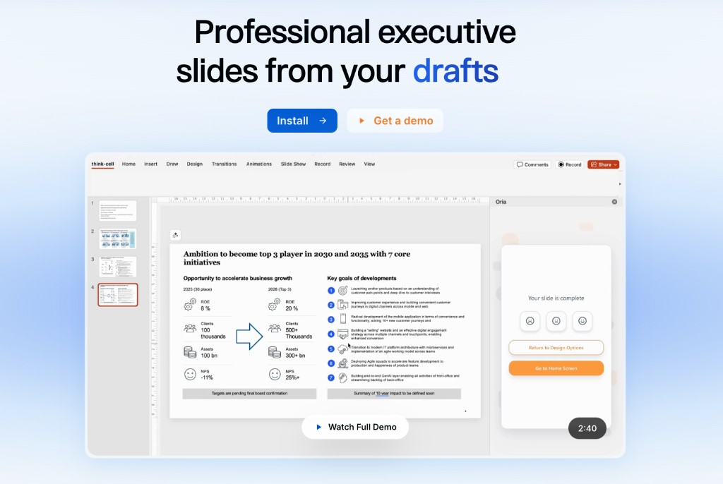 Oria homepage screenshot, productivity & writing AI tool
