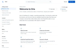 Oria documentation — screenshot of the productivity & writing AI tool, 2026-10-01