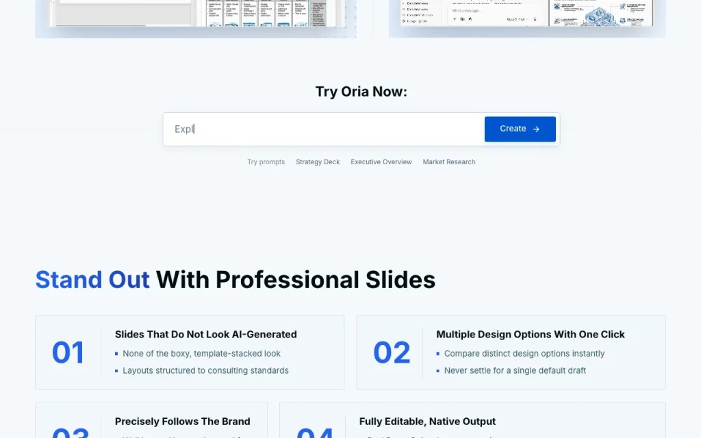 Oria homepage — screenshot of the productivity & writing AI tool, Oct 1, 2026