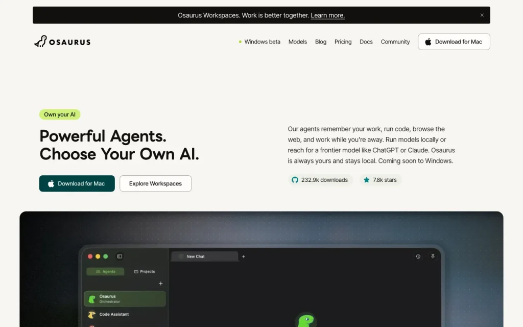 Osaurus homepage — screenshot of the chat assistants AI tool, Oct 1, 2026