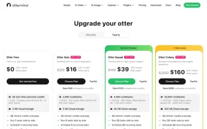 Ottermind pricing page with plans and prices — screenshot of the productivity & writing AI tool, 2026-10-01