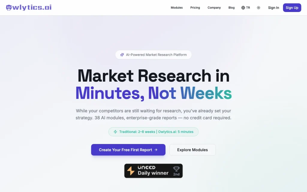 Owlytics.ai Startseite – Screenshot des KI-Tools recherche & suche, Oct 2, 2026