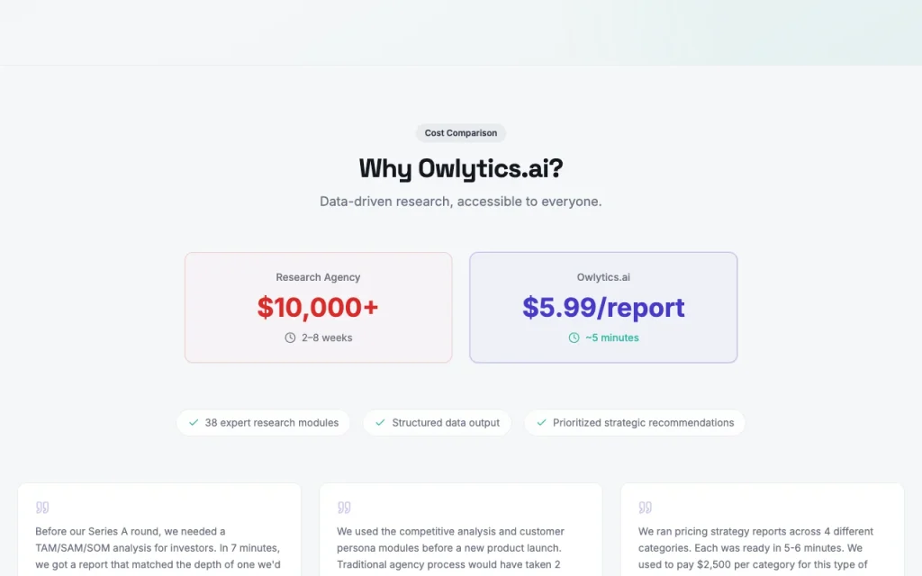 Owlytics.ai homepage — screenshot of the research & search AI tool, Oct 2, 2026