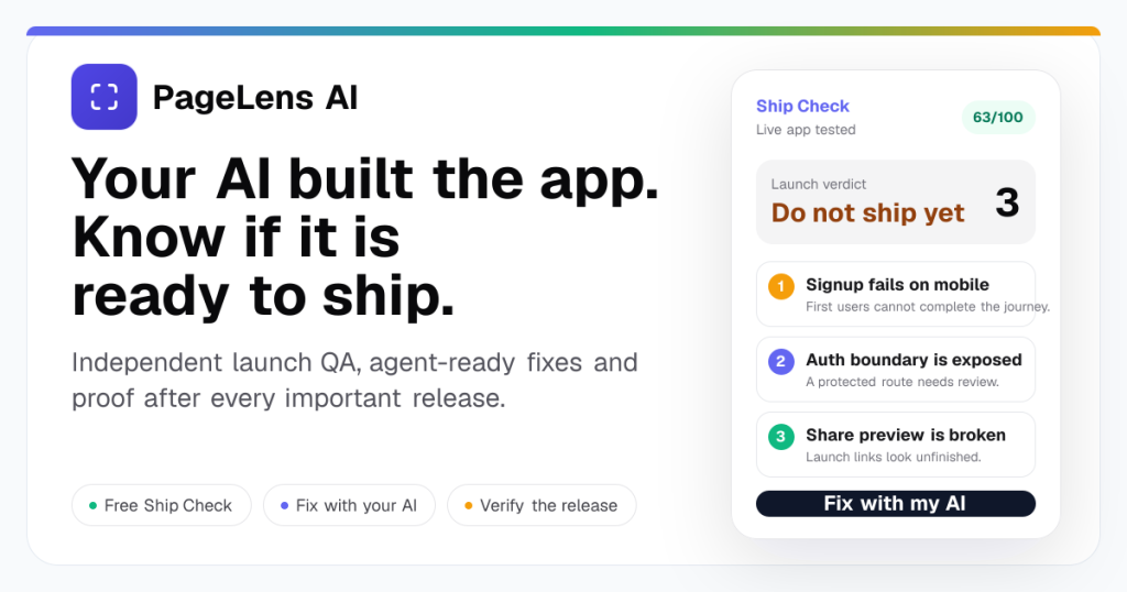 Captura de la página de inicio de PageLens AI, herramienta de IA programación