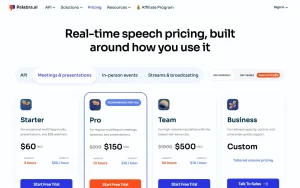 Palabra.ai pricing page homepage screenshot, audio & voice AI tool