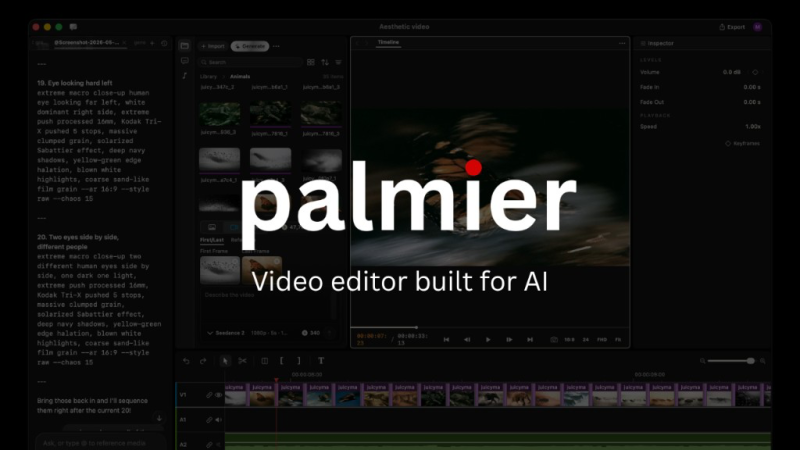 Palmier Pro homepage screenshot, video AI tool