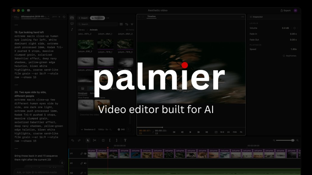 Palmier Pro homepage screenshot, video AI tool