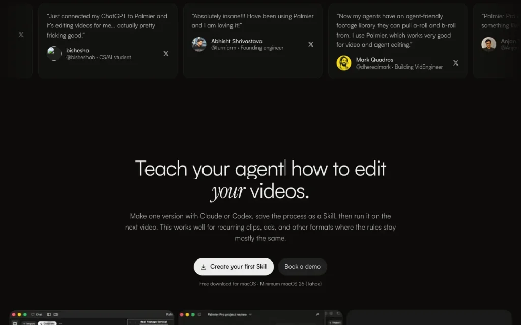 Palmier Pro homepage — screenshot of the video AI tool, Oct 1, 2026