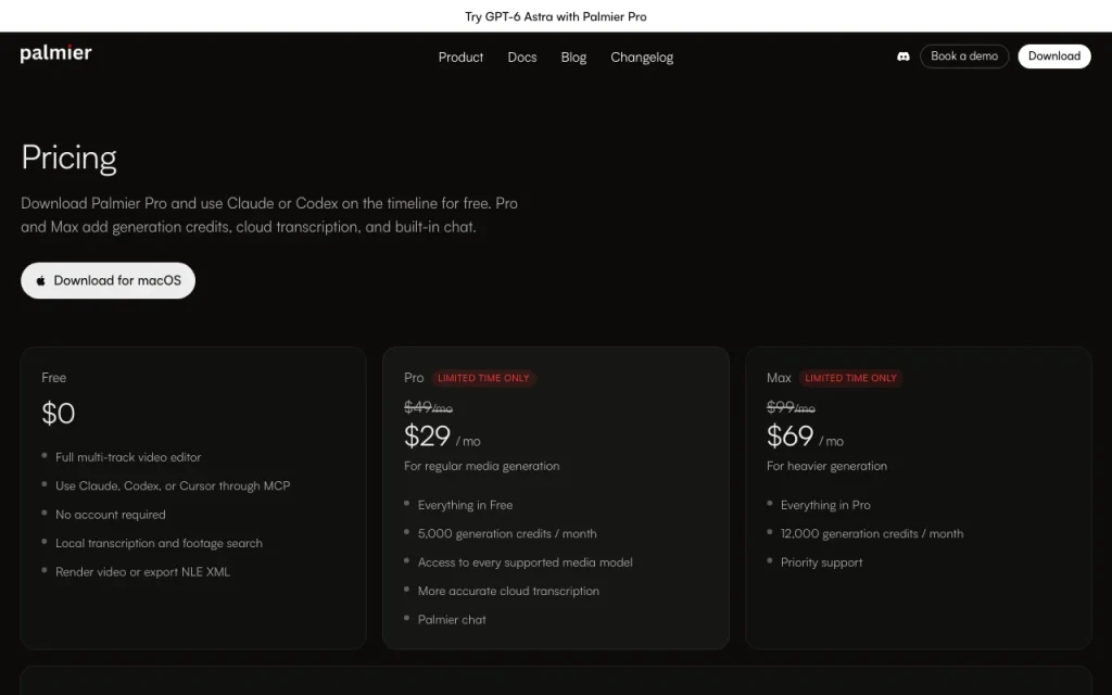 Palmier Pro pricing page with plans and prices — screenshot of the video AI tool, Oct 1, 2026