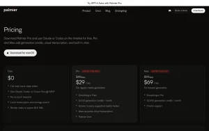Palmier Pro pricing page with plans and prices — screenshot of the video AI tool, 2026-10-01
