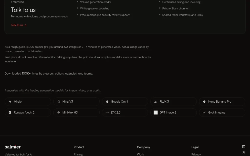 Palmier Pro pricing page with plans and prices — screenshot of the video AI tool, Oct 1, 2026