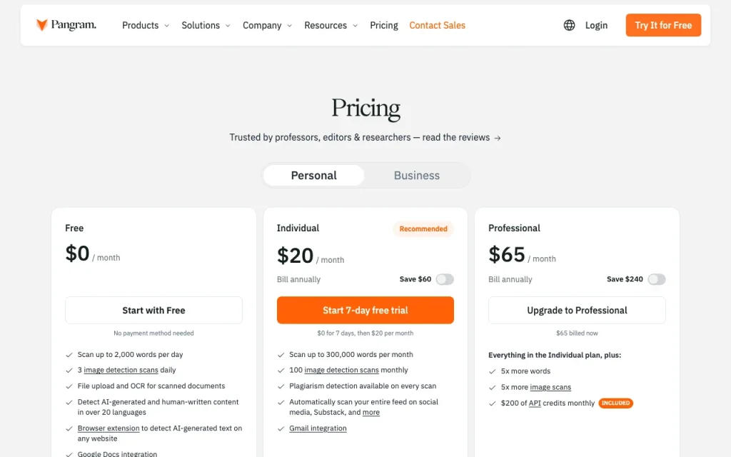 Pangram página de precios con planes y precios — captura de pantalla de la herramienta de IA productividad y escritura, Oct 1, 2026